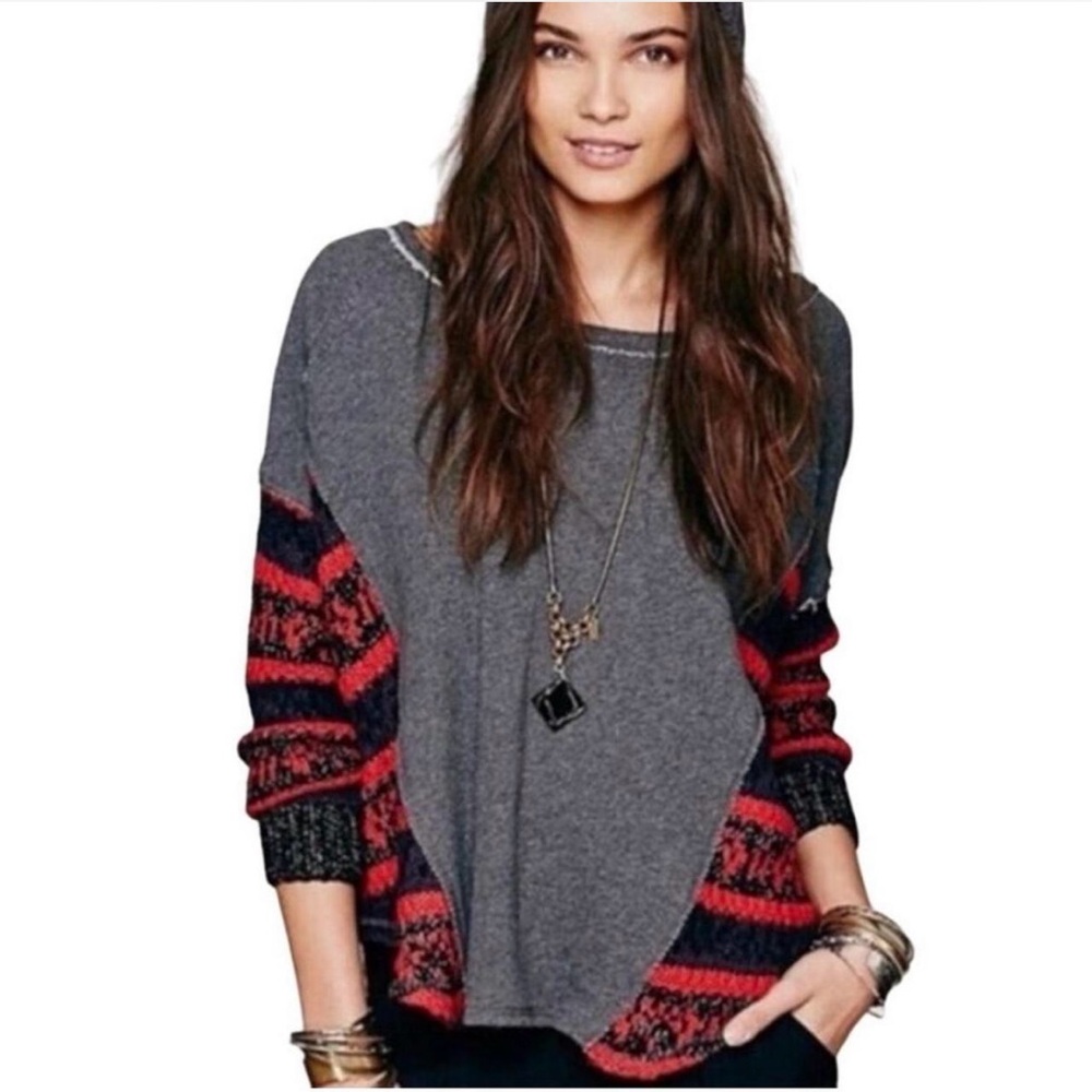 Free People Gray and Red Crew Neck Sweater with Patterned Sleeves